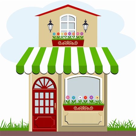 simsearch:400-08379241,k - Vector illustration of little cute retro house and store, shop or boutique with green awning Foto de stock - Super Valor sin royalties y Suscripción, Código: 400-06102905