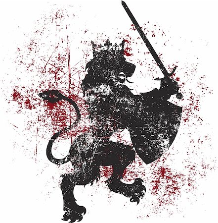 A kingly vector lion wearing a crown, while also wielding a shield and sword.  Can be easily used as a t-shirt design, or for other forms of printing. Photographie de stock - Aubaine LD & Abonnement, Code: 400-06103224