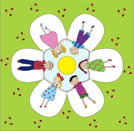 fun happy colorful background images - children happily smiling hold hands around, in flowers and a green grass Foto de stock - Super Valor sin royalties y Suscripción, Código: 400-06103229