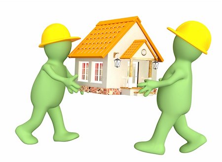 Two builders - puppets with new house. Isolated over white Stock Photo - Budget Royalty-Free & Subscription, Code: 400-06103957