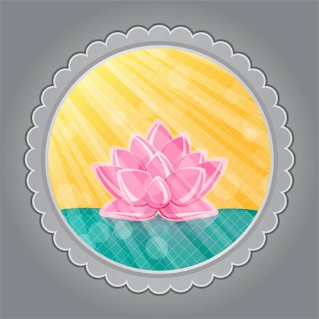 Pink Lotus Flower in Green Water in Round Grey Label. Oriental Invitation Card. Vector Illustration. Stock Photo - Budget Royalty-Free & Subscription, Code: 400-06135806