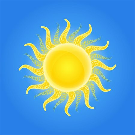 simsearch:400-06069285,k - Yellow Shiny Sun Icon with Pattern Ornament on Beams in Blue Sk. Vector Stock Photo - Budget Royalty-Free & Subscription, Code: 400-06135818