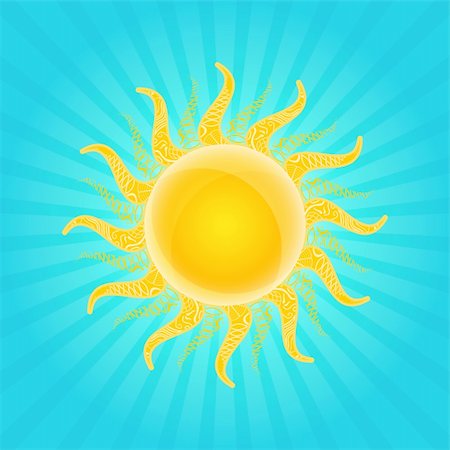 simsearch:400-06069285,k - Orange Shiny Sun Icon with Beams in Cyan Sky. Vector Stock Photo - Budget Royalty-Free & Subscription, Code: 400-06135827