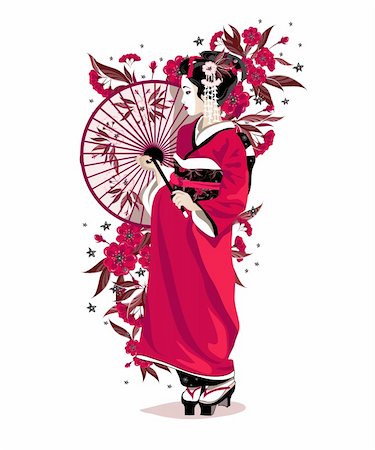 Japanese girl in red traditional clothes with umbrella and flowers. Photographie de stock - Aubaine LD & Abonnement, Code: 400-06139966
