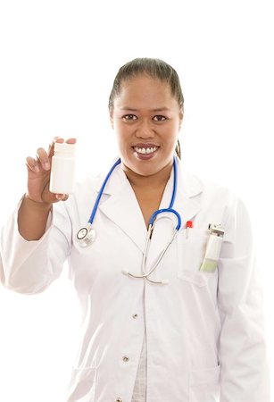 simsearch:6109-06006928,k - A smiling ethnic female doctor holding a bottle of pills, pharmaceuticals, vitamins ready for your text or label Photographie de stock - Aubaine LD & Abonnement, Code: 400-06131823