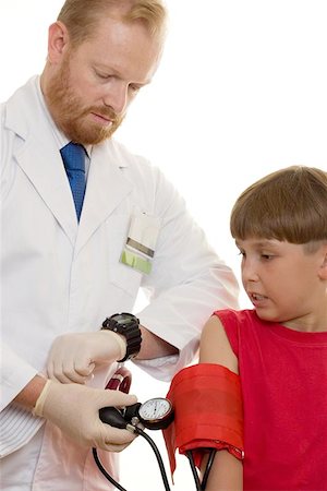 doctor measuring boy - A doctor is pumping up a blood pressure cuff in order to take a reading.    High blood pressure makes your heart work harder than normal. Both the heart and arteries are then more prone to injury. High blood pressure increases the risk of heart attacks, strokes, kidney failure, eye damage, congestive heart failure and fatty buildups in arteries called atherosclerotic plaques Stock Photo - Budget Royalty-Free & Subscription, Code: 400-06132816