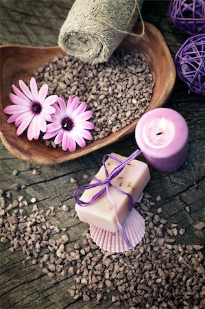 simsearch:400-04881211,k - Spa and wellness setting with natural soap, candles and towel. Violet dayspa nature set dayspa nature set Stock Photo - Budget Royalty-Free & Subscription, Code: 400-06140975