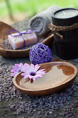 simsearch:400-04881211,k - Spa and wellness setting with natural soap, candles and towel. Violet dayspa nature set dayspa nature set Stock Photo - Budget Royalty-Free & Subscription, Code: 400-06141233