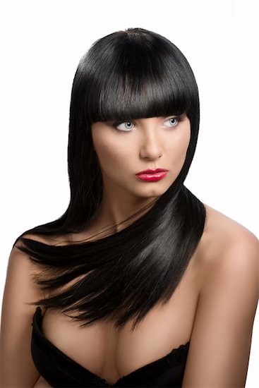 pretty girl with long, dark smooth hair and fringe, she is in front of the camera and looks at left Foto de stock - Sin royalties, Artista: carlodapino, Código de la imagen: 400-06142291