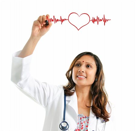 doctor woman heartbeat - Asian Indian female doctor drawing a heartbeat over white background. Medical concept Stock Photo - Budget Royalty-Free & Subscription, Code: 400-06142845