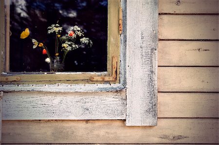 Part of window with flower vase on weathered wooden wall Stock Photo - Budget Royalty-Free & Subscription, Code: 400-06176764