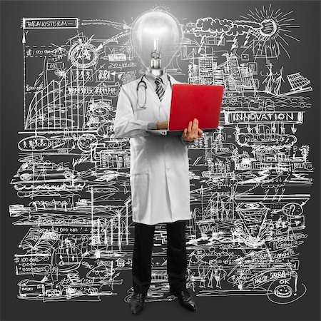 doctor and businessman on computer - Idea concept, doctor man with lamp head, with laptop in his hands Stock Photo - Budget Royalty-Free & Subscription, Code: 400-06176819