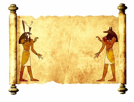 Scroll with Egyptian gods images - Anubis and Horus. Object isolated over white Stock Photo - Budget Royalty-Free & Subscription, Code: 400-06177030