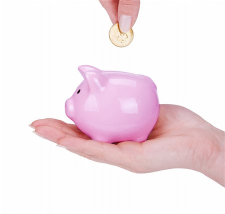 people depositing in the bank - piggy bank and woman hand  isolated on white background Stock Photo - Budget Royalty-Free & Subscription, Code: 400-06177088