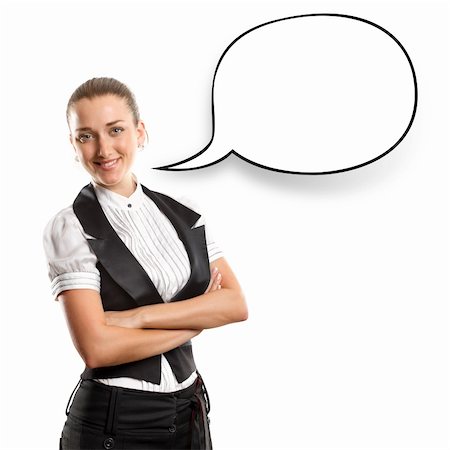 speech bubble with someone thinking - Business woman with speech bubble, looking on camera Stock Photo - Budget Royalty-Free & Subscription, Code: 400-06177094