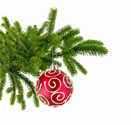simsearch:400-05177572,k - Christmas tree branch with red decorate ball isolated on white Stock Photo - Budget Royalty-Free & Subscription, Code: 400-06177394