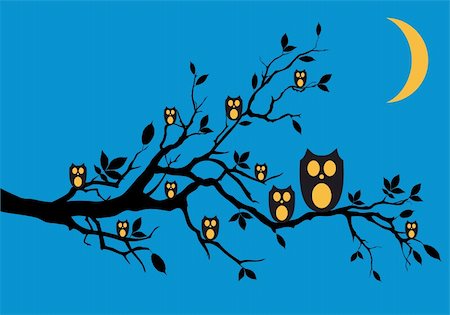 simsearch:400-04409562,k - Night owls sitting on tree branch, vector background Fotografie stock - Microstock e Abbonamento, Codice: 400-06179561