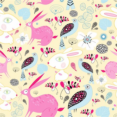 simsearch:400-05755345,k - seamless pattern of bright hares and birds on a yellow background with plants Stock Photo - Budget Royalty-Free & Subscription, Code: 400-06170515