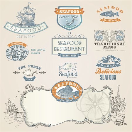 Seafood labels and elements for print and web design Foto de stock - Super Valor sin royalties y Suscripción, Código: 400-06170569