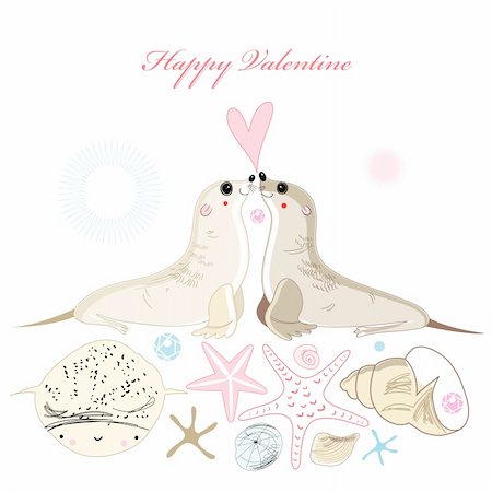 simsearch:400-06100097,k - greeting card with a loving seals on a white background with shells Stock Photo - Budget Royalty-Free & Subscription, Code: 400-06170581