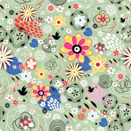 Seamless colorful floral pattern on a green background Stock Photo - Budget Royalty-Free & Subscription, Code: 400-06170730