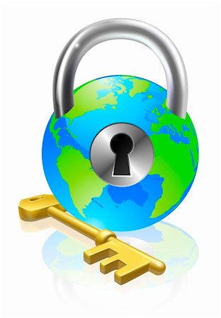 World globe like a locked padlock with key. Concept could be for internet security, data protection or general security Stock Photo - Budget Royalty-Free & Subscription, Code: 400-06170751