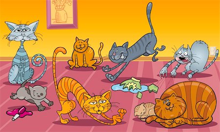 simsearch:400-06385960,k - Cartoon Illustration of Many Naughty Cats at Home Foto de stock - Super Valor sin royalties y Suscripción, Código: 400-06170788