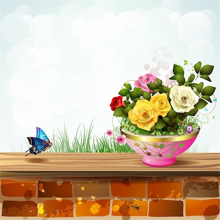 rose butterfly illustration - Flowerpot with roses and brick wall Stock Photo - Budget Royalty-Free & Subscription, Code: 400-06170899