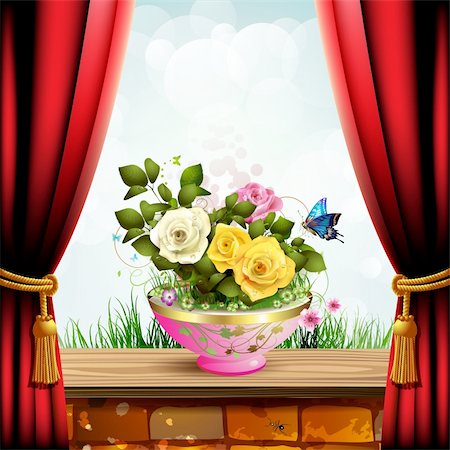 rose butterfly illustration - Flowerpot with roses and red curtain Stock Photo - Budget Royalty-Free & Subscription, Code: 400-06170907