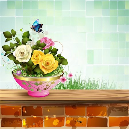 Flowerpot with roses and brick wall Stock Photo - Budget Royalty-Free & Subscription, Code: 400-06170903