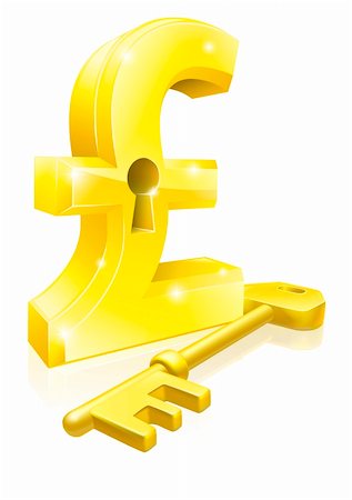 simsearch:400-05261100,k - Conceptual illustration of a gold pound sterling sign and key. Concept for unlocking financial success or cash or for financial security. Fotografie stock - Microstock e Abbonamento, Codice: 400-06170940