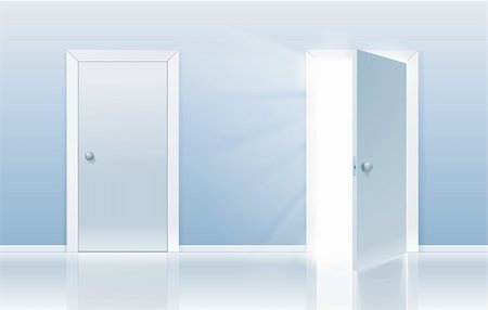 door open light - Open and closed door concept. One door is closed and the other one is opening up to new opportunities. Stock Photo - Budget Royalty-Free & Subscription, Code: 400-06171065