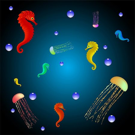 jellyfishes and seahorses over bubbling water, abstract vector art illustration; image contains transparency Stock Photo - Budget Royalty-Free & Subscription, Code: 400-06171521