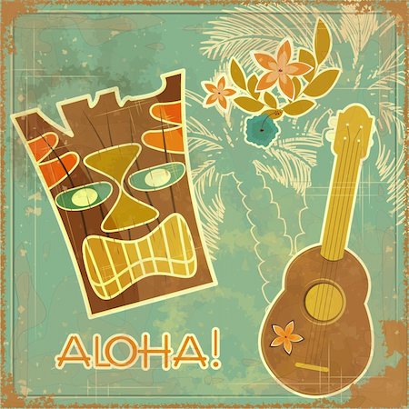 summer beach postcard - Vintage Hawaiian card - invitation to Beach party - vector illustration Stock Photo - Budget Royalty-Free & Subscription, Code: 400-06171957