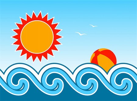 summer beach abstract - vector waves, sun and beach ball, Adobe Illustrator 8 format Foto de stock - Super Valor sin royalties y Suscripción, Código: 400-06172296