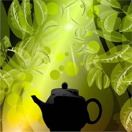 Tea kettle in the background, sun shining on the tea leaves. Stock Photo - Budget Royalty-Free & Subscription, Code: 400-06172327