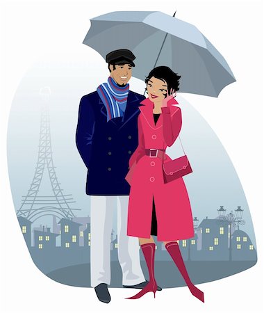 raincoat illustration - Vector illustration of a couple with umbrella in the old city Stock Photo - Budget Royalty-Free & Subscription, Code: 400-06172345