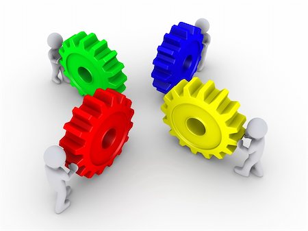 Four 3d people pushing different color cogwheels Stock Photo - Budget Royalty-Free & Subscription, Code: 400-06172498