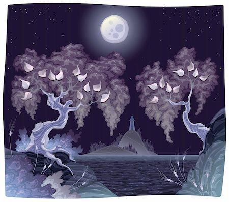 Romanitc landscape on the sea in the night. Vector illustration. Stock Photo - Budget Royalty-Free & Subscription, Code: 400-06172582