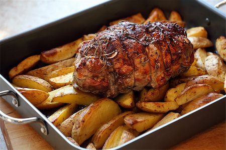 Photo of a lamb roast with potatoes in a roasting pan fresh out of the oven. Stock Photo - Budget Royalty-Free & Subscription, Code: 400-06172594