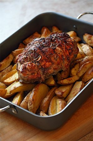 Photo of a lamb roast with potatoes in a roasting pan fresh out of the oven. Stock Photo - Budget Royalty-Free & Subscription, Code: 400-06172593