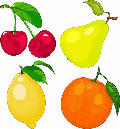 pear with leaves - Cartoon fruit set, include cherry, pear, lemon and orange Stock Photo - Budget Royalty-Free & Subscription, Code: 400-06172790