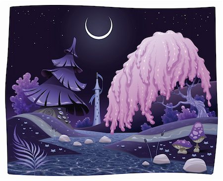 Fantasy nightly landscape on the riverside. Vector illustration. Foto de stock - Super Valor sin royalties y Suscripción, Código: 400-06173327