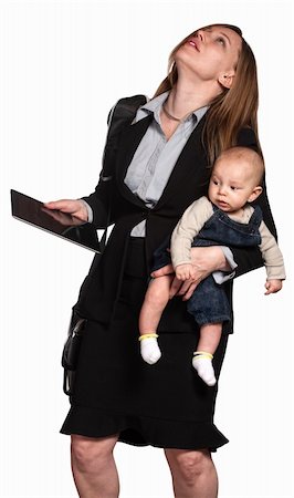 Stressed out professional woman with baby over white background Stock Photo - Budget Royalty-Free & Subscription, Code: 400-06173401