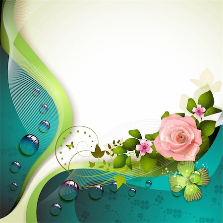 rose butterfly illustration - Background with flowers, butterfly and drops of water Stock Photo - Budget Royalty-Free & Subscription, Code: 400-06173465