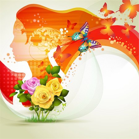 Stylized red portrait with butterflies and flowers Stock Photo - Budget Royalty-Free & Subscription, Code: 400-06173466