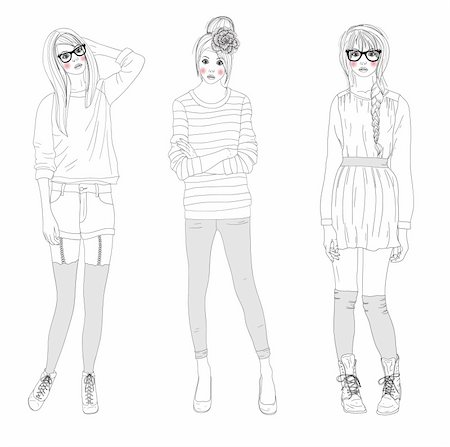 drawing girls body - Young beautiful girls fashion illustration. Vector illustration. Background with teen females in fashionable clothes posing. Fashion illustration. Stock Photo - Budget Royalty-Free & Subscription, Code: 400-06199618