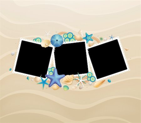 sea postcards vector - Pictures, shells and starfishes on sand background. Vector illustration. Stock Photo - Budget Royalty-Free & Subscription, Code: 400-06199819