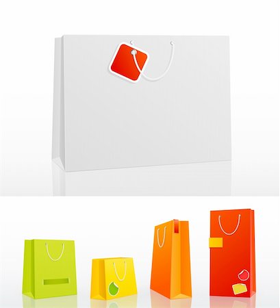 Colorful shopping bag on white background with stickers. Vector illustration. Stock Photo - Budget Royalty-Free & Subscription, Code: 400-06199828