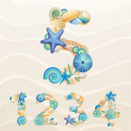 pearl beach - Numbers, vector sea life font on sand background. Check my portfolio for letters. Stock Photo - Budget Royalty-Free & Subscription, Code: 400-06199864